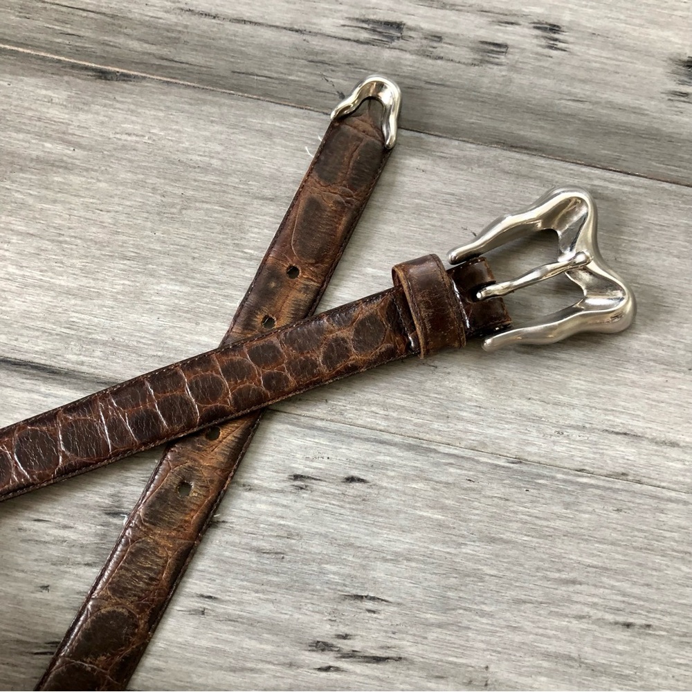 Vintage 1990s Arrivanto Genuine Crocodile Leather Belt w/ Abstract Buckle